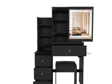 Vanity Desk With 3 LED Lighting Modes, 4 Drawers, Open Shelves, Hair Dryer Holder & Power Socket Dressing Table Set With Chair - Black