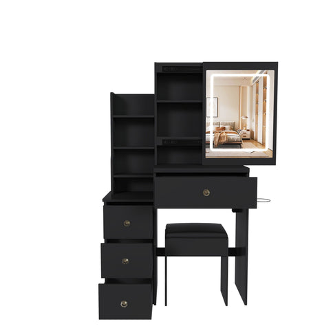 Vanity Desk With 3 LED Lighting Modes, 4 Drawers, Open Shelves, Hair Dryer Holder & Power Socket Dressing Table Set With Chair - Black
