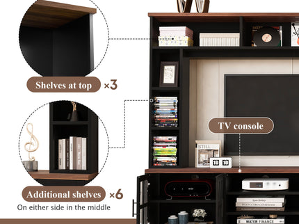 Wall Unit Entertainment Center With Bookshelves For TVs Up To 80", Tempered Glass Doors And Adjustable Shelves