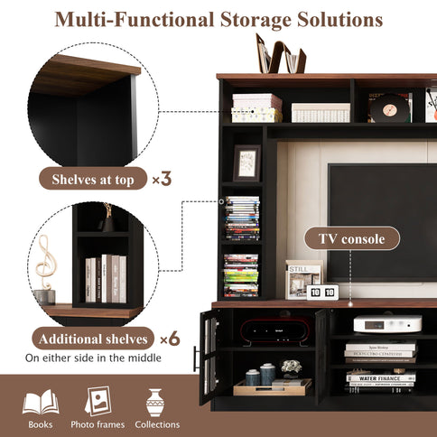 Wall Unit Entertainment Center With Bookshelves For TVs Up To 80", Tempered Glass Doors And Adjustable Shelves