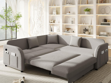 L-Shaped Couch With Pull-Out Bed, Oversize Convertible Sleeper Sofa With Side Pocket & USB Port