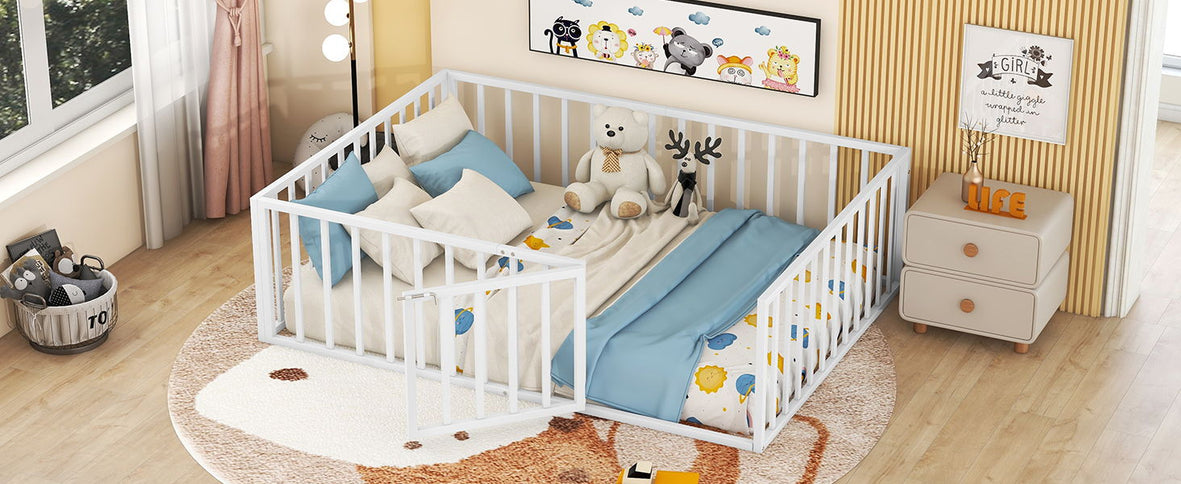 Metal Floor Bed Frame With Fence And Door