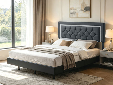 Platform Bed Frame With Adjustable Upholstered Headboard, RGB LED Lights, No Box Spring Needed