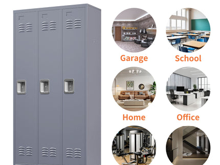3 Door Lockers With Lock For Home, Gym, Office, School, And Garage - Gray