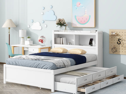 Full Size Platform Bed With Trundle, Drawers, USB Ports And Built In Shelves - White