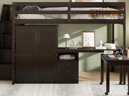 Loft Bed With Stairs, Bookshelf, Drawers, Desk & Wardrobe, Space Saving Multifunctional Furniture