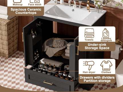 Bathroom Vanity With Sink, 1 Divided Drawer And 2 Soft Close Doors With Double Shelf