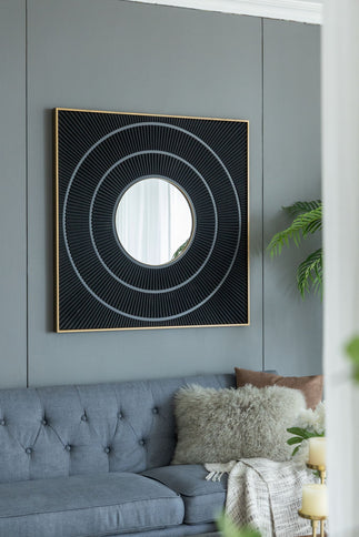 Square Carved Mirror With Pleated Design WithIron Frame, Neutral Colorway Wall Decor For Living Room Bathroom Entryway