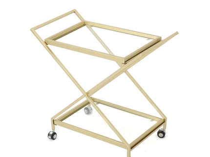 Sherianne - Industrial Bar Cart With Tempered Glass Shelves And Swivel Wheels - Gold