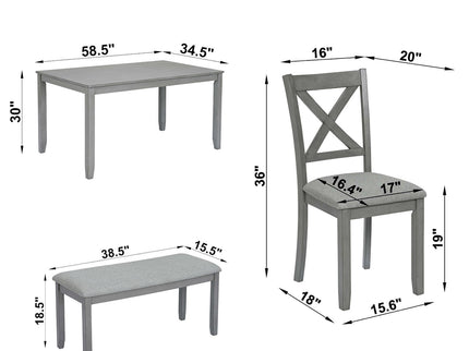 6 Pieces Kitchen Dining Set, Rectangular Wooden Dining Table With 4 Chairs And A Bench