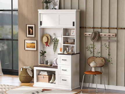 Modern Wide Hall Tree With Coat Rack, 3 Shelves And Drawers, 3 Sturdy Hooks