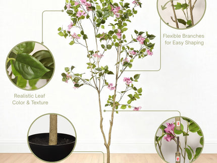 Artificial Bougainvillea Tree With Pot, Realistic Faux Flowering Plant Leaves And Blooms, Decor For Home Office - Green Leaves / Pink