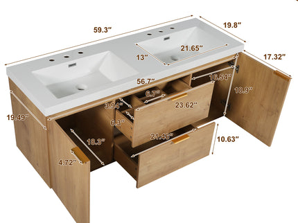 Double Sink Bathroom Vanity Soft Close Doors, Divided Drawers, Wall Mounted - Wood