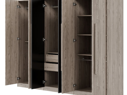 6 Doors Wardrobe Storage For Bedroom, With 2 Drawers Inside - Black / Nature