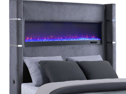 Haven - Upholstered Queen Bed With Integrated Flame Box - Gray