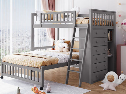 Bunk Bed With 6 Drawers And Flexible Shelves, Bottom Bed With Wheels