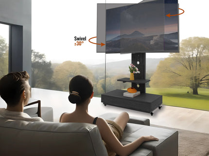 Mobile TV Cart With Push Pull Drawer, Lockable Wheels