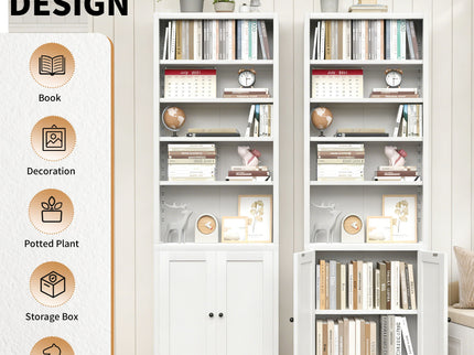 Bookcase Tall 5-Tier Adjustable Storage Shelf With Door Deep - White