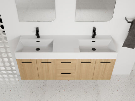 Floating Double Sink Bathroom Vanity With Drawers And Doors, Extra Large Storage, Integrated Sink, Soft Close Hardware - Glossy White / Light Oak