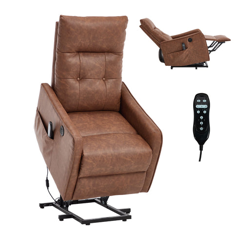 Single Motor Power Lift Recliner Chair With Massage And Heat, USB For Charging - Brown