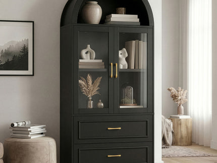 Arched Top Storage Cabinet With Fixed 2 Tier Shelves, 2 Large Drawers