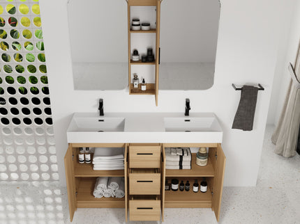 Double Sink Bathroom Vanity Set With Tall Linen Cabinet, 3 Drawers, Extra Large Storage, Integrated Sink, Freestanding Cabinet - Light Oak / White