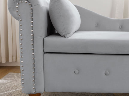 Chaise Lounge Indoor, Lounge Chair For Bedroom With Storage & Pillow, Modern Upholstered Rolled Arm Chase Lounge For Sleeping With Nailhead Trim For Living Room Bedroom Office