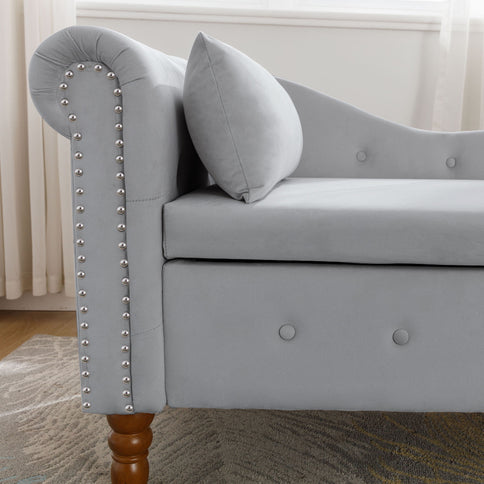 Chaise Lounge Indoor, Lounge Chair For Bedroom With Storage & Pillow, Modern Upholstered Rolled Arm Chase Lounge For Sleeping With Nailhead Trim For Living Room Bedroom Office
