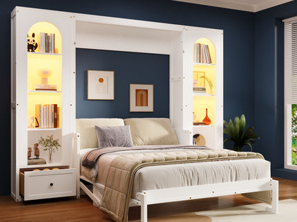 French Style Murphy Platform Bed With Shelf, Side Cabinets, Drawers And LED