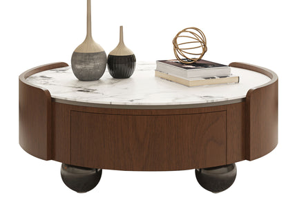 Round Coffee Table With Ball Feet, Dual Storage Drawers For Living Room - Walnut Brown