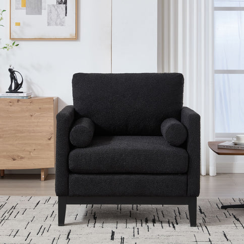 Wide Modern Farmhouse Performance Accent Chair With Legs, Wood Base