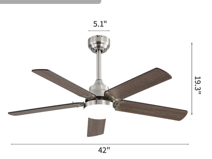 42" Ceiling Fan With Reversible DC Motor, LED Light, 5 Blade Design - Nickel