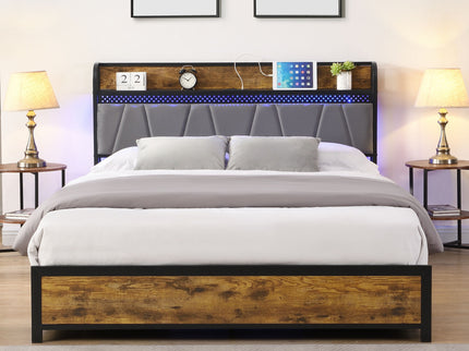 Contemporary Bed Frame With Storage Headboard, Charging Station, LED Lights