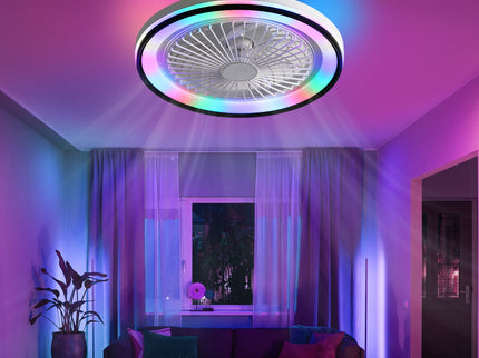 RGB Dimmable LED Bladeless Ceiling Fan With Remote Control, Flush Mount - White