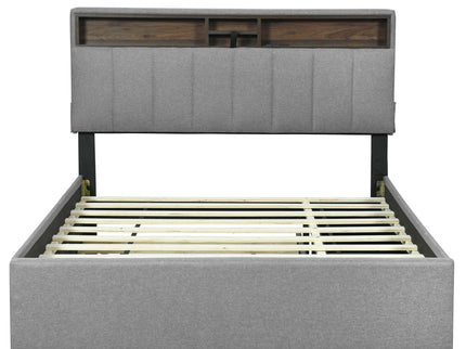 Upholstered Platform Bed With Storage Headboard, Trundle & 2 Drawers And A Set Of Sockets & USB Ports