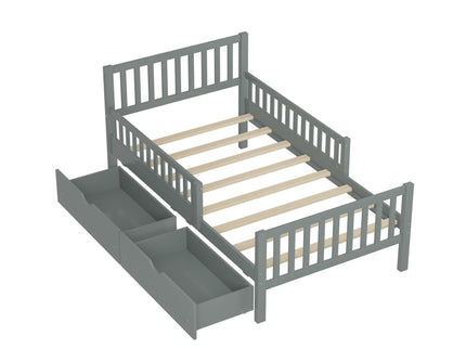 Platform Bed With Guardrails On Both Sides And 2 Storage Drawers