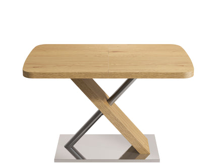Retractable Square Dining Table, Seating 4 - 6 People, Cross Base With Stainless Steel Tubing, Expandable - Natural