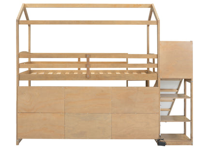 House Loft Bed With Slide, Storage Shelves And Light, Climbing Ramp