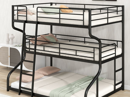 Industrial Triple Bunk Bed With Dual Ladders Frame, Space Saving Design