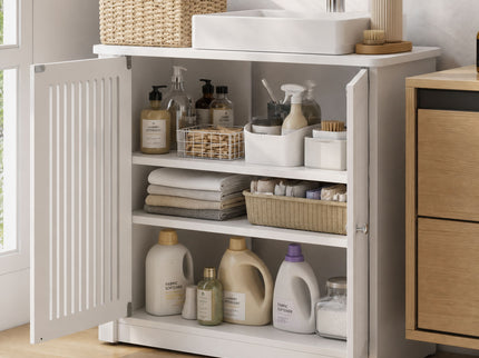 Louvered Double Door Floor Standing Bathroom Vanity Cabinet With Adjustable Shelf - White