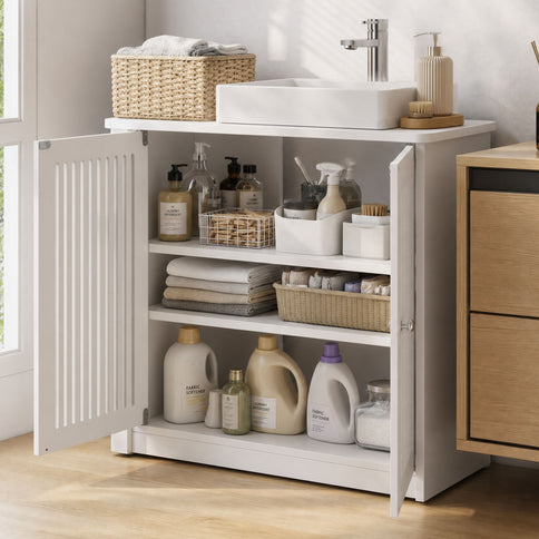 Louvered Double Door Floor Standing Bathroom Vanity Cabinet With Adjustable Shelf - White
