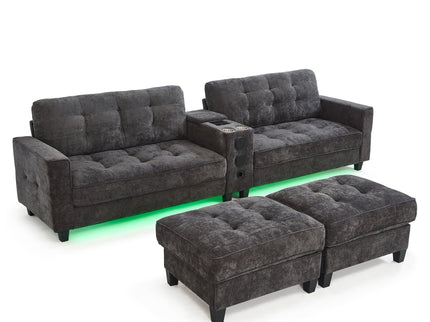 Modern Sectional Sofa U-Shaped With Movable Ottomans, tooth Speakers, LED Lights And Modular Storage