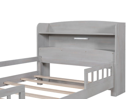 Wood Platform Bed With Built In LED Light, Storage Headboard And Guardrail
