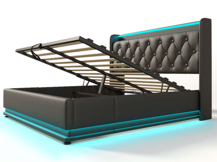 Upholstered Bed, 360 Surround LED Function, Remote Control, Hydraulic Storage Bed With USB, Type-C Charging (Without Mattress)