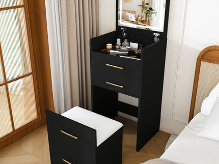3 In 1 Vanity Desk With Open Top Mirror, Glass Desktop Makeup Set With 3 Drawers, Compact Dressing Table For Bedroom - Black