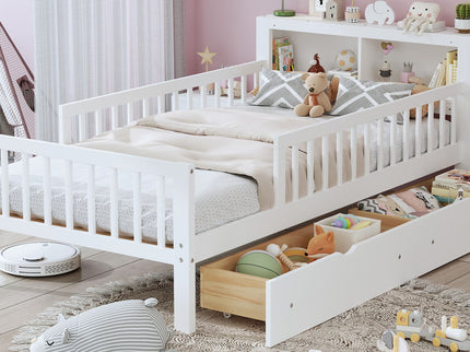 Bed With Headboard Storage Rack, 2 Under Bed Drawers, 3 Side Guardrails For Safety