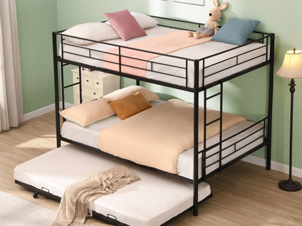 Full Over Full Modern Metal Bunk Bed With Trundle - Black