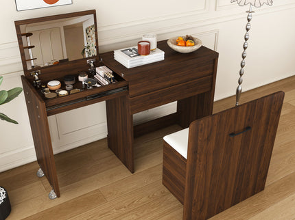 Folding Desk With Mirror And Storage Stol For Bedroom