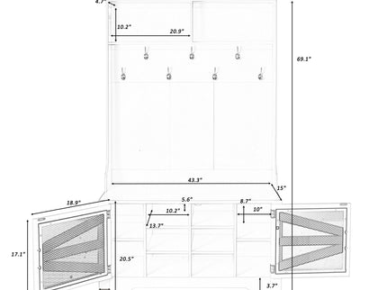 Entryway Bench With Coat Rack, 3 In 1 Design And Adjustable Shelves