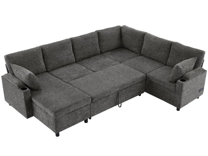 U-Shaped Sectional Sleeper Sofa With Ample Storage Space, 2 Cup Holders And Charging Ports For Living Room